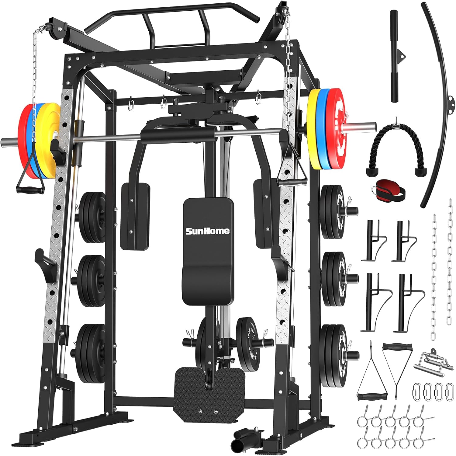 Lat Pulldown Cable - スミスマシン・パワーケージ、2000ポンド対応スクワットラック（スミスマシンバー、ラットプルダウン、ケーブルクロスオーバーシステム付き）、ホームジム用
