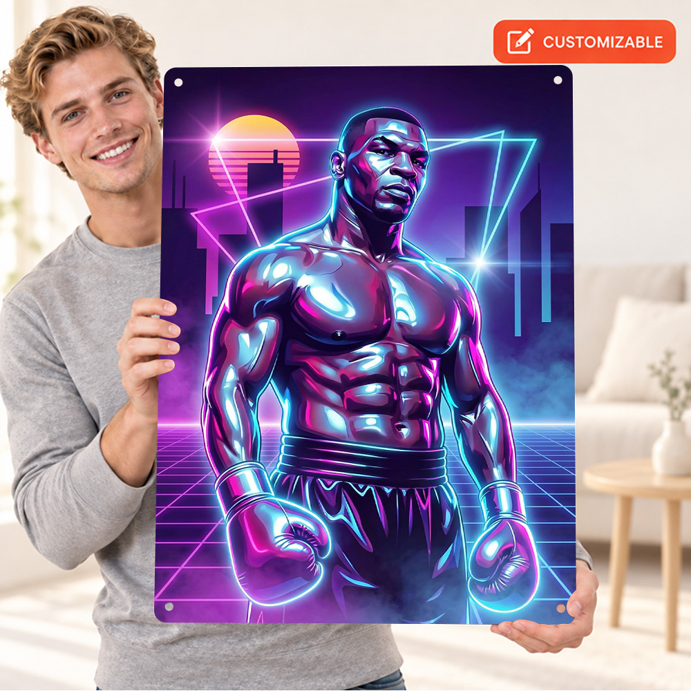 Home Gym Neon Sign - マイク・タイソンのボクシングをテーマにした、テクスチャ加工の金属製ポスター。カスタマイズ可能なアルミ製サイン。レトロなネオンイラストの壁飾り。自宅ジムやスポーツファンへのギフトに最適。