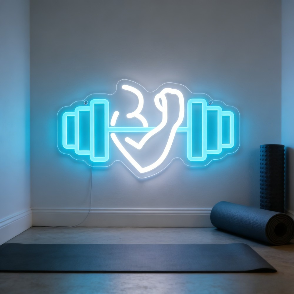 Home Gym Neon Sign - 上腕二頭筋ダンベルネオンサインLEDウォールアート、ホームジム、ヨガスタジオ、フィットネスルームの装飾、アラビア語の神の引用句入りワークアウト照明
